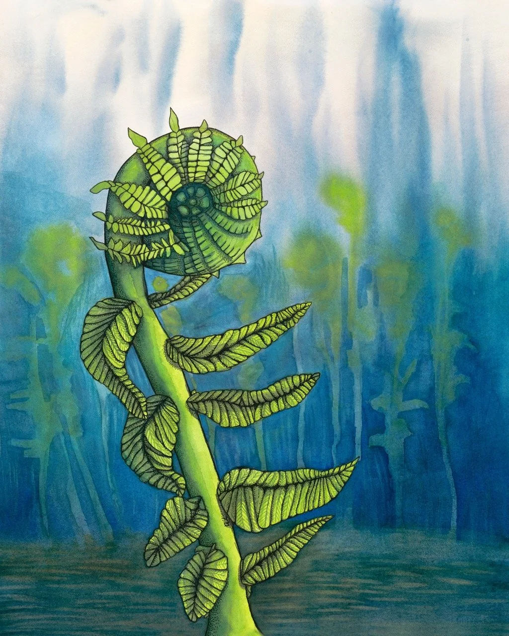 An artistic depiction of a green and yellow curled-up fossilized ammonite shell with fern-like leaves spiraling around it, set against a blue and green background.
