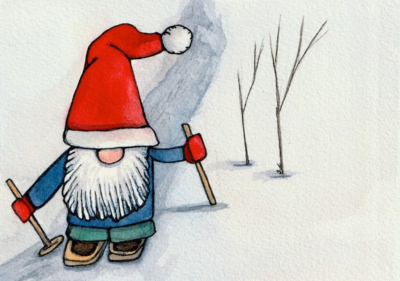 A watercolor painting of a gnome figure with a large white beard, red hat, and blue coat, holding ski poles and standing on snow near leafless trees.