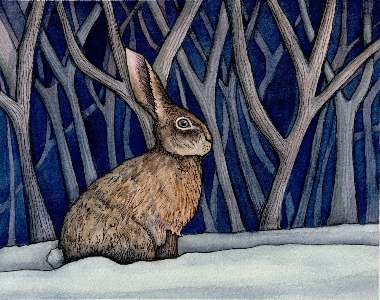 An illustration of a hopping bunny sitting in the snow with leafless trees in the background during nighttime.