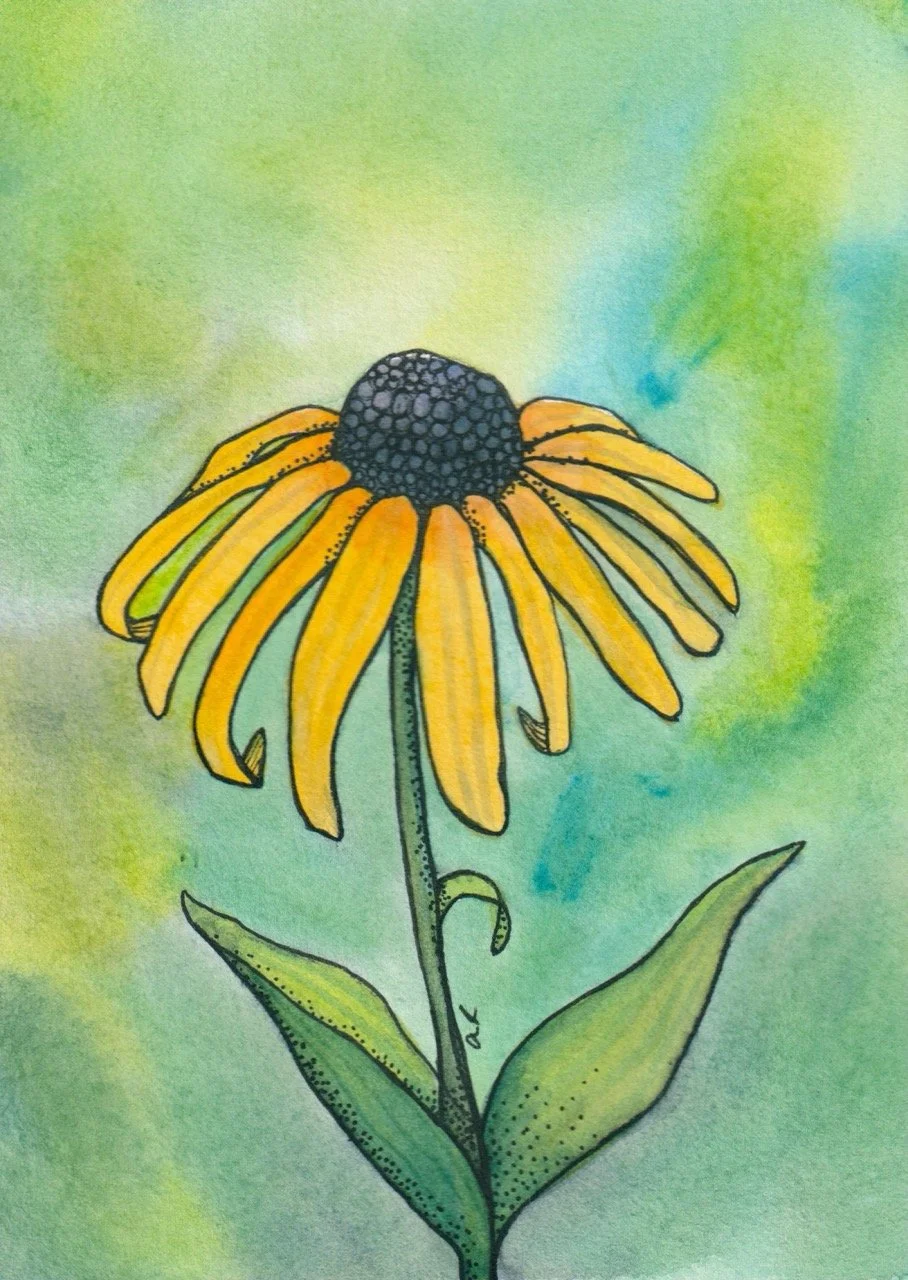 A watercolor painting of a yellow coneflower with a black center and green leaves against a green and blue background.