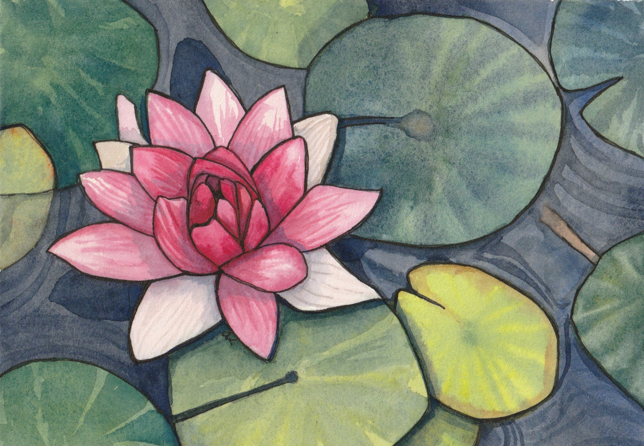 Colorful watercolor painting of a pink water lily flower surrounded by large green, yellow, and blue lily pads on water.