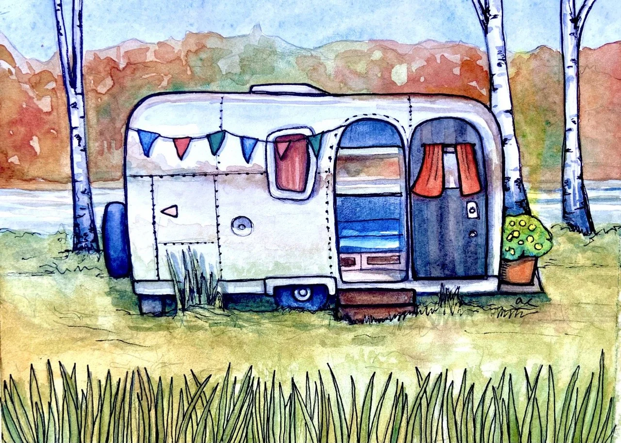A watercolor painting of a vintage camper trailer decorated with colorful bunting flags and red curtains, surrounded by trees and grass near a body of water.