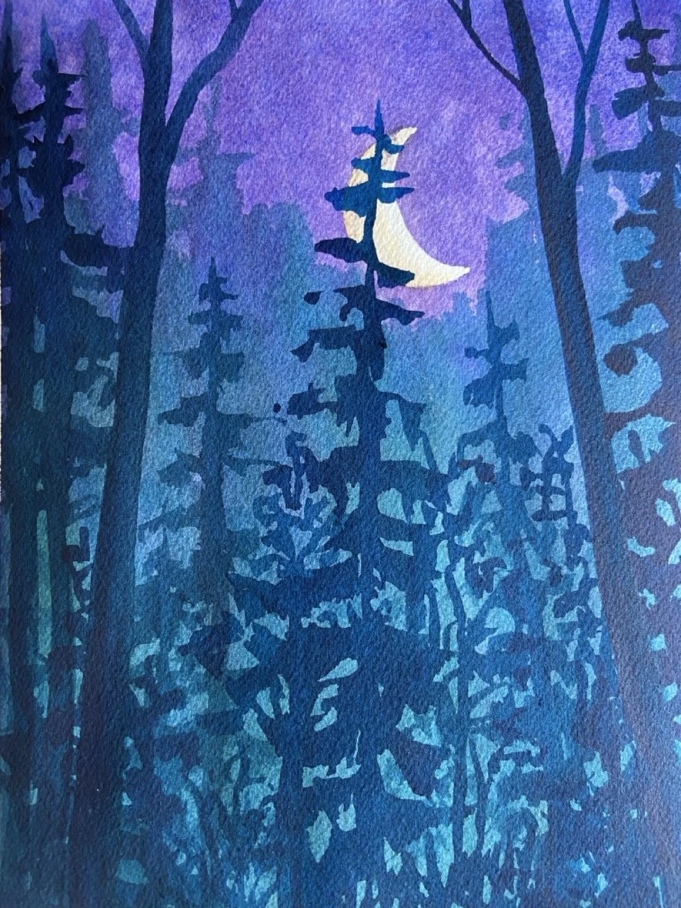 Watercolor painting of a moonlit forest with tall trees and a partly visible crescent moon in the night sky.