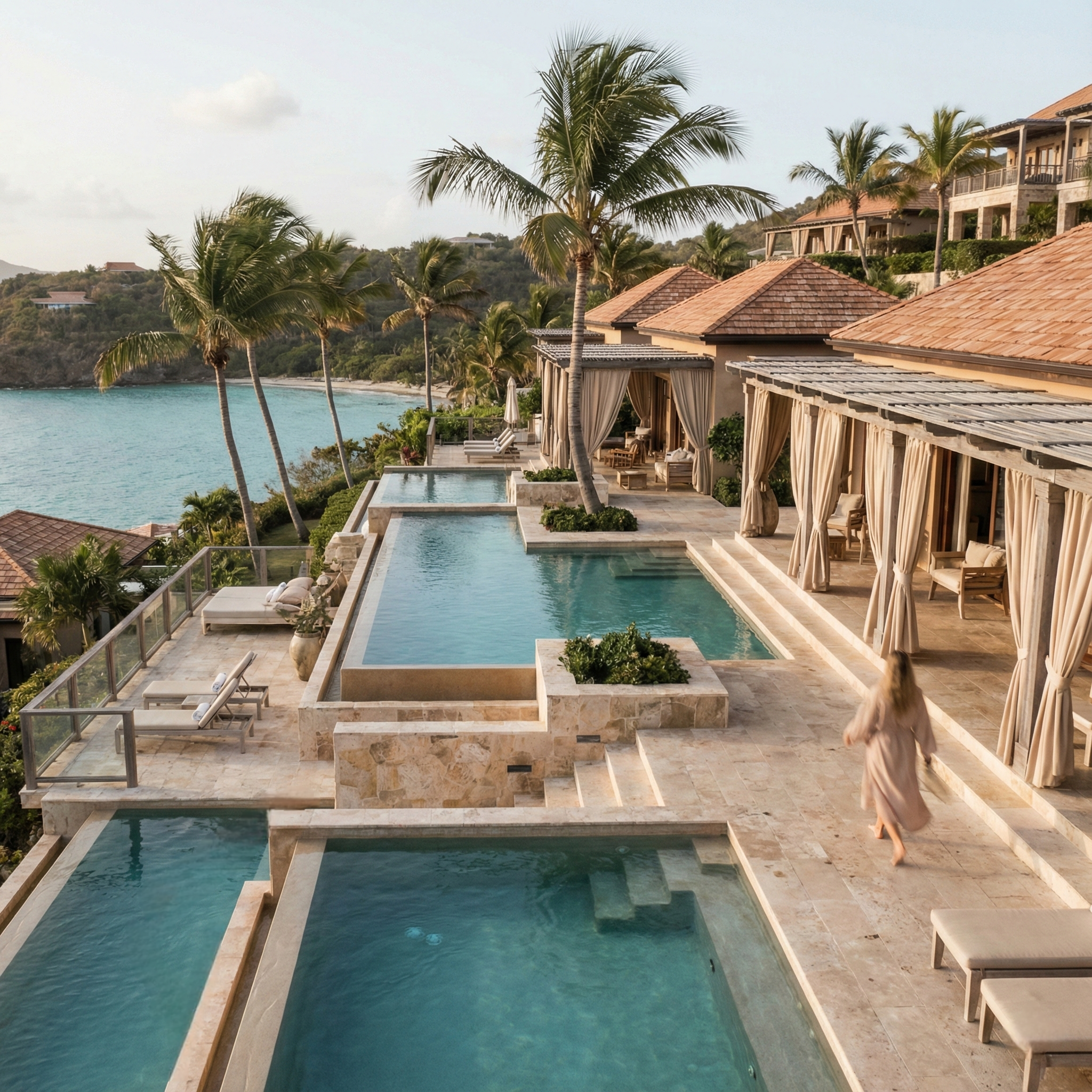 Luxury beachfront resort with multiple infinity pools, palm trees, and cabanas overlooking the ocean.
