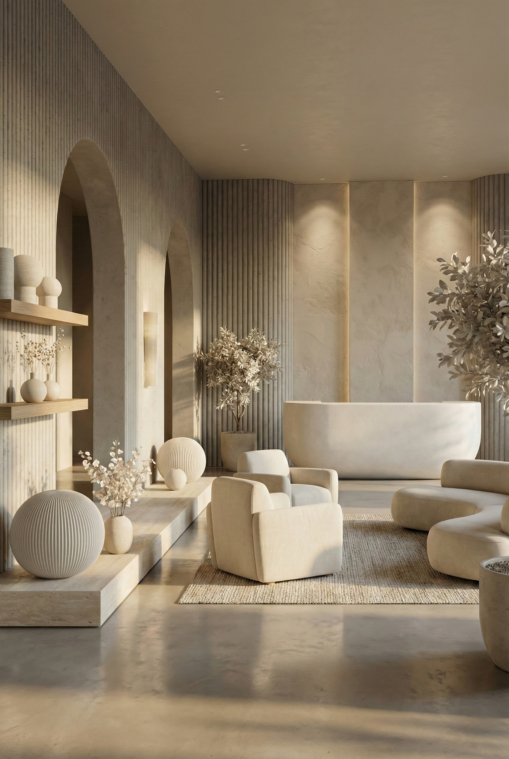 A modern, minimalist boutique hotel lobby with neutral tones, textured walls, and decorative vases, plants, and stylish seating arrangements.
