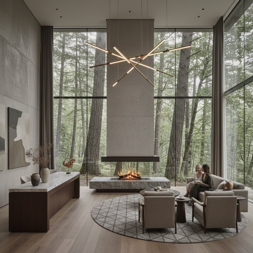 Modern hotel's lobby space with large floor-to-ceiling windows showing a wooded forest outside, a fireplace, minimalist furniture, and two women sitting and talking.