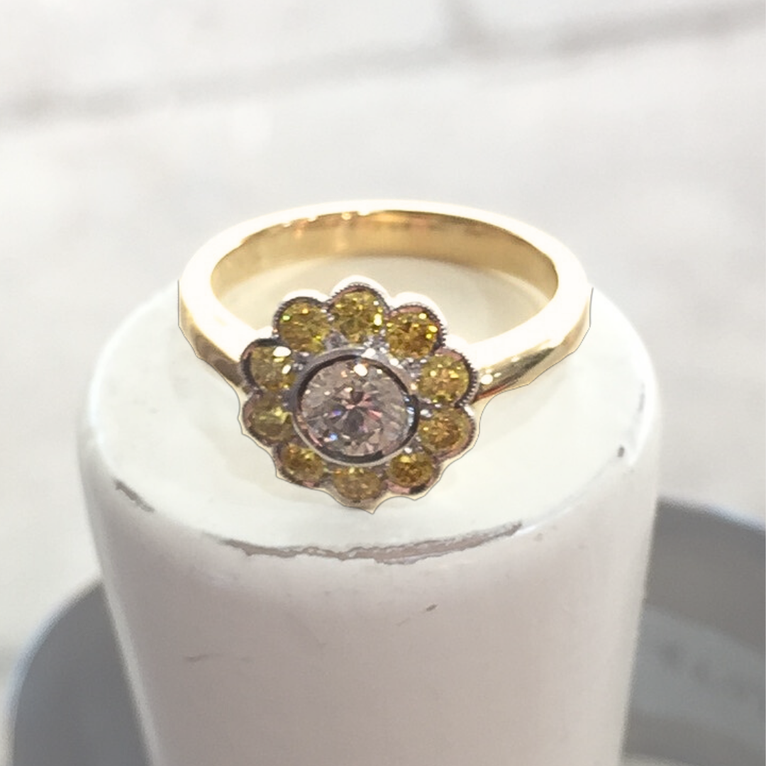 Gold ring with a central gemstone surrounded by small yellow stones, displayed on a white cylindrical stand.