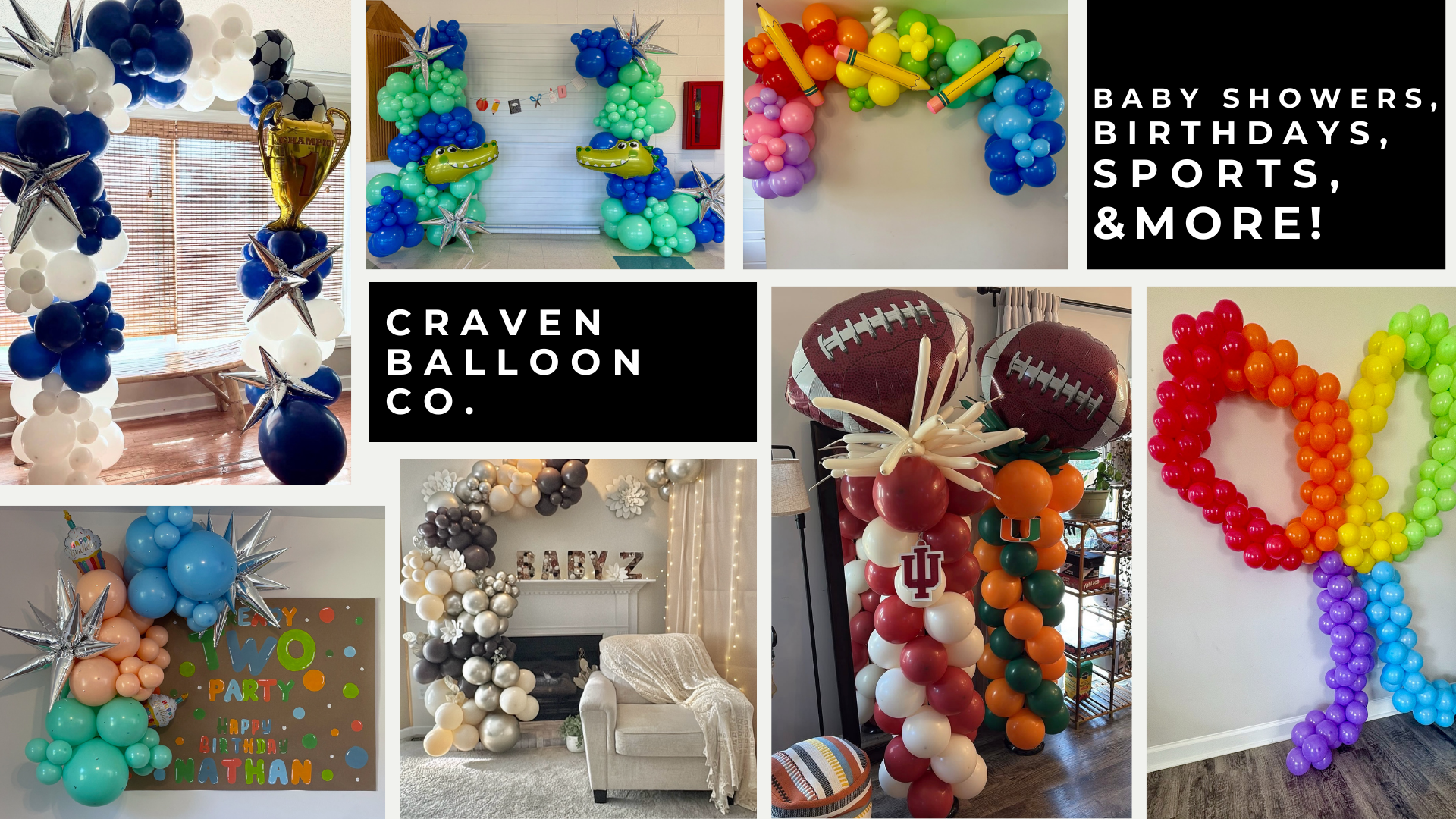 Gallery of custom balloon installations including sports themes, baby showers, birthdays and colorful event decor.