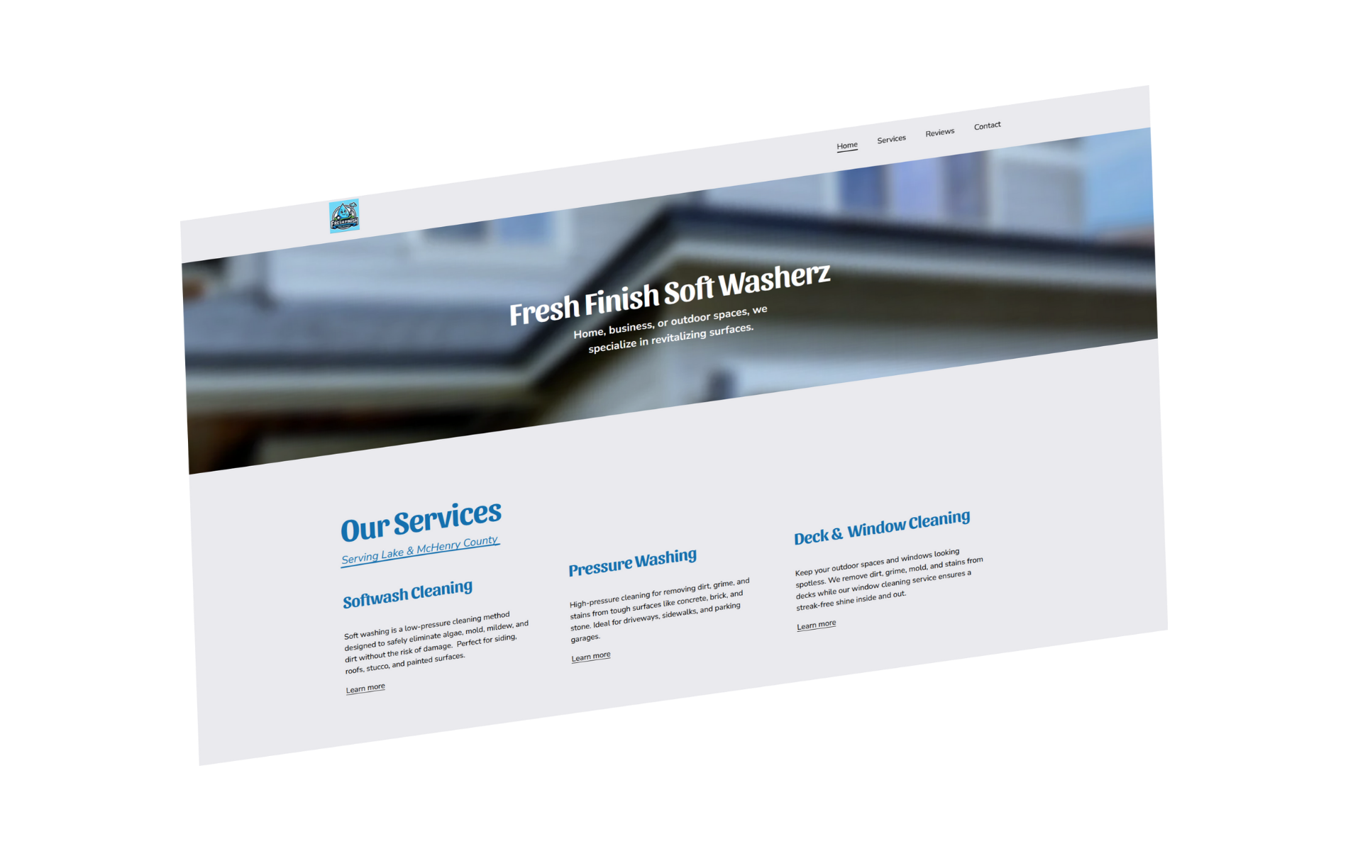 Screenshot of a website homepage for a soft washing service, displaying a header with the company logo, navigation menu, a blurred background image of a house roof, and sections listing services like softwash cleaning, pressure washing, and deck & window cleaning.