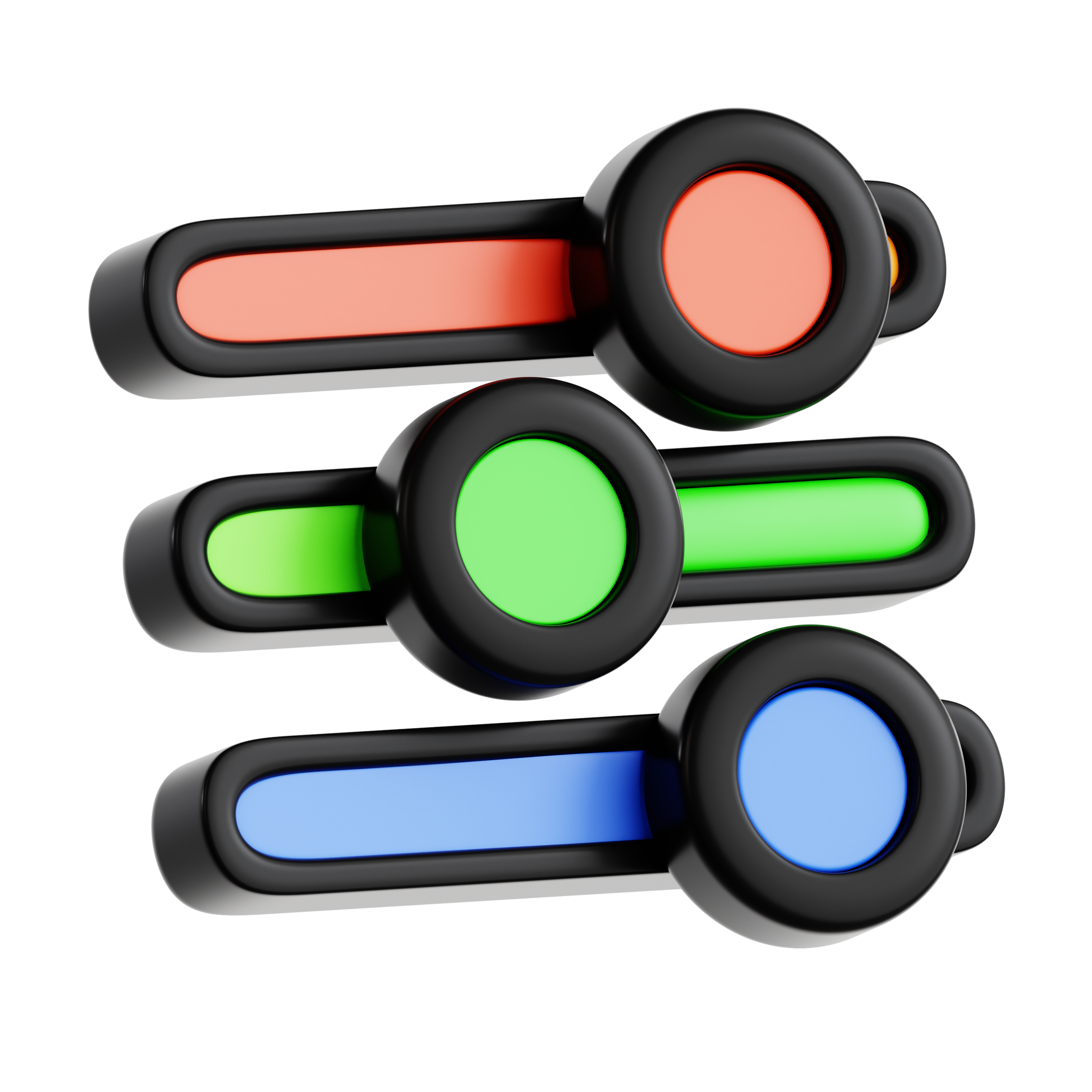 Three horizontal sliders with round knobs, colored red, green, and blue, set at different positions.