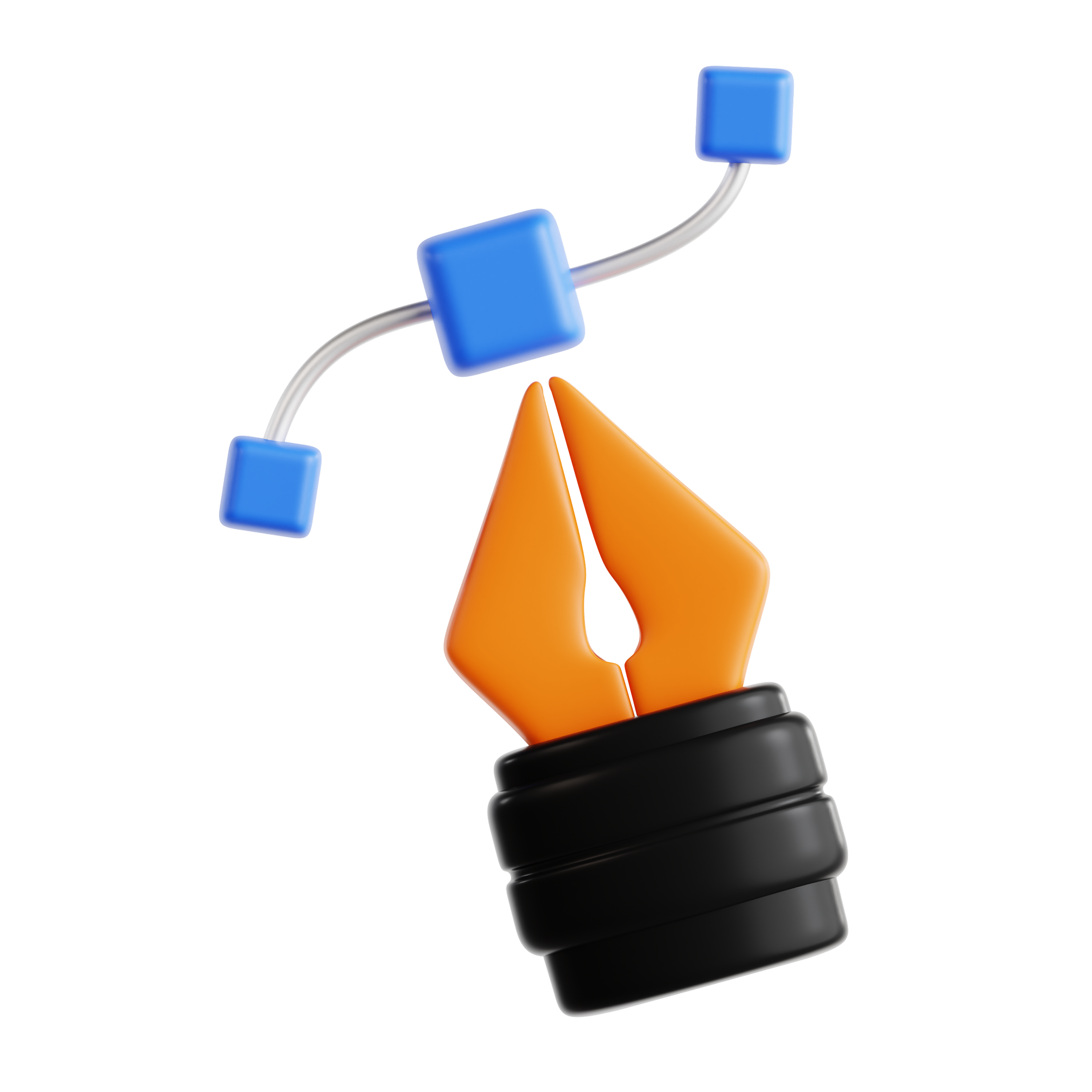 A modern abstract illustration of a fountain pen nib with a curved gray line and three blue squares connected to the line.