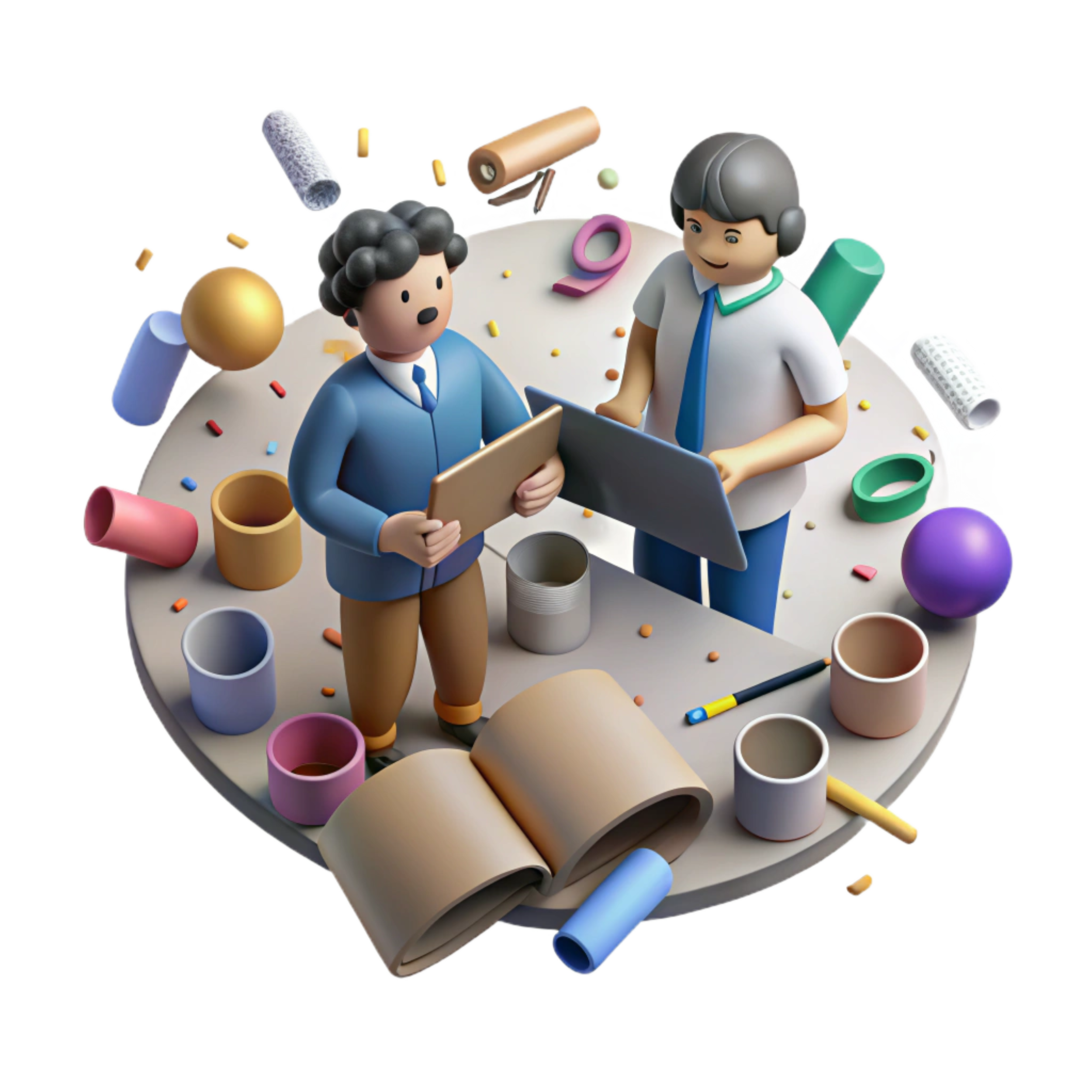 Two animated characters, a man and a woman, standing at a table surrounded by various art supplies such as paper rolls, cups, and rulers, engaging in a conversation.