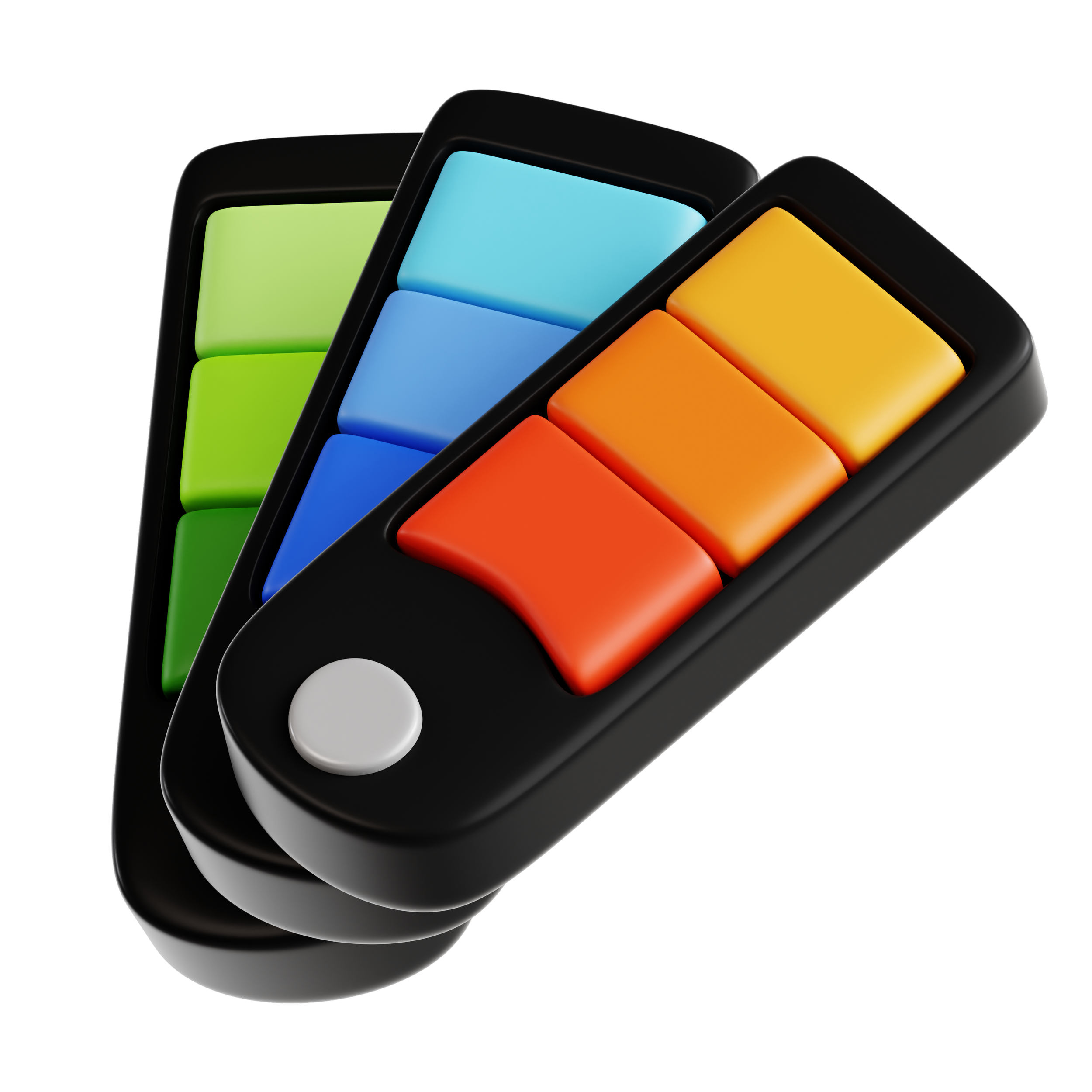 Three color remote controls with black bodies and colorful buttons in green, blue, yellow, orange, and red.