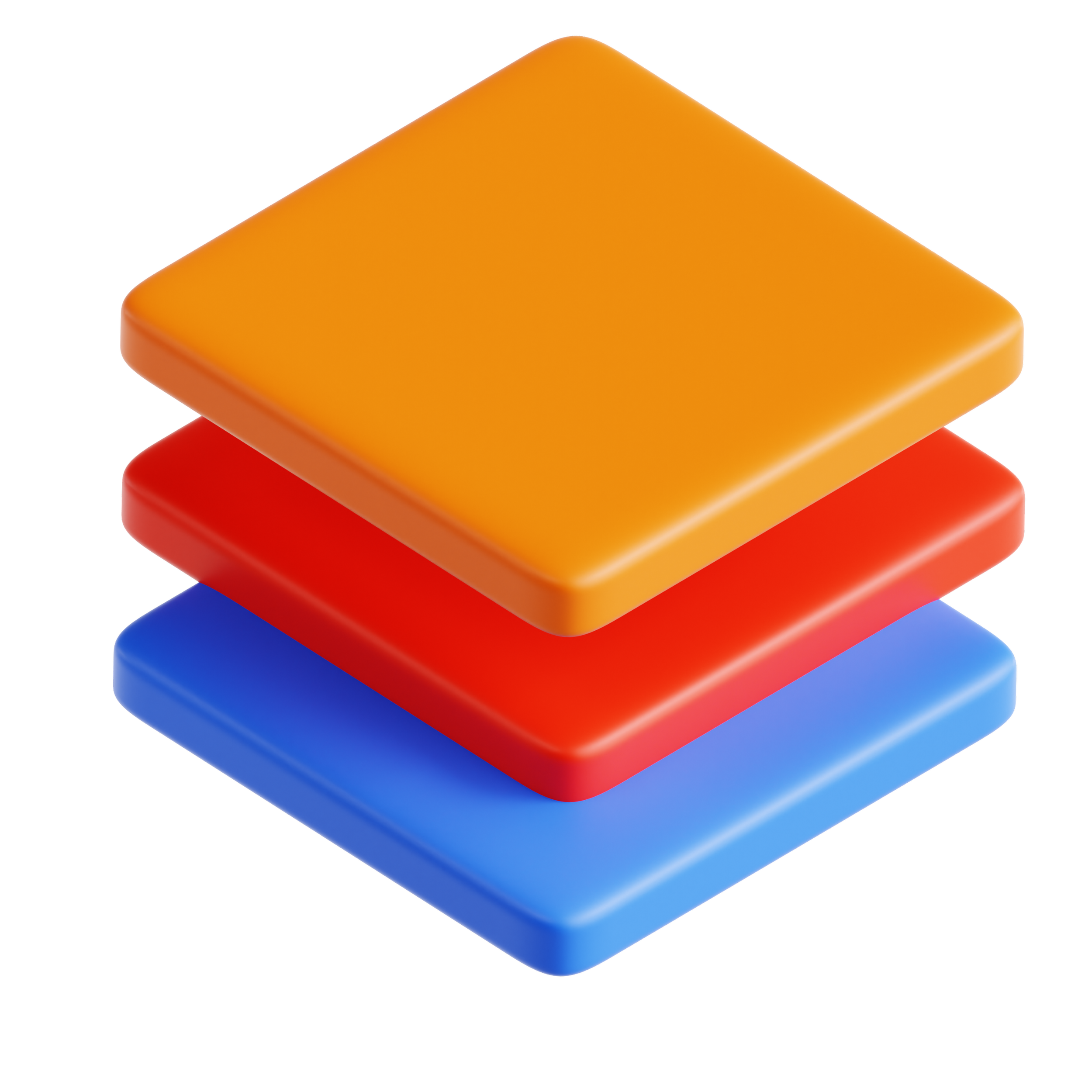 Three stacked colorful cushions in orange, red, and blue on a black background.