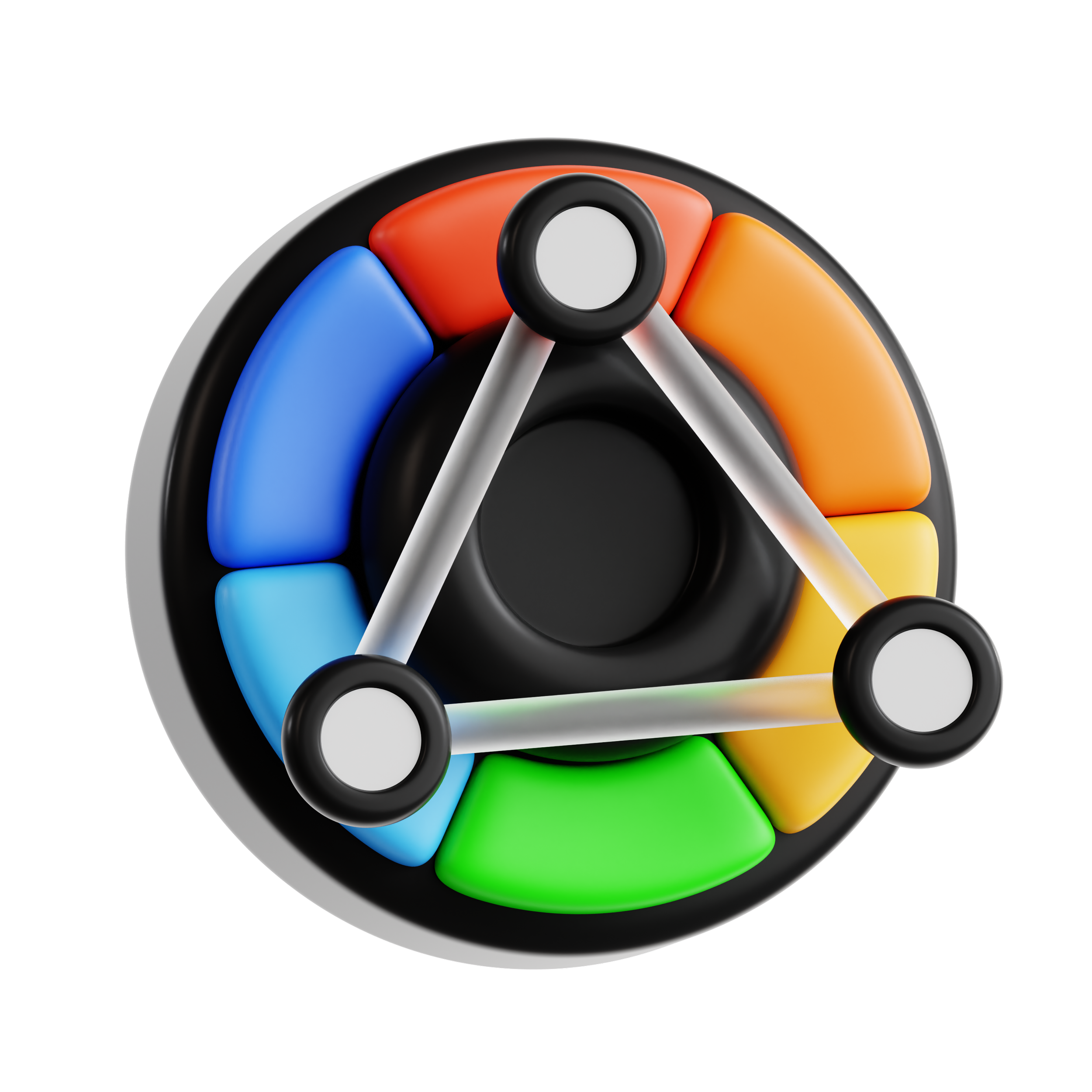 Colorful circular object with interconnected white rods forming a triangle, surrounded by rainbow-colored segments, set against a black background.