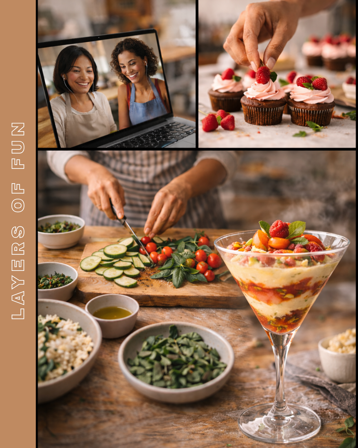A split image showing a virtual cooking class with two women on a laptop screen, a hand decorating cupcakes with strawberries, and a person preparing a vegetable salad with cherry tomatoes and cucumbers, along with a layered berry and vegetable parfait.