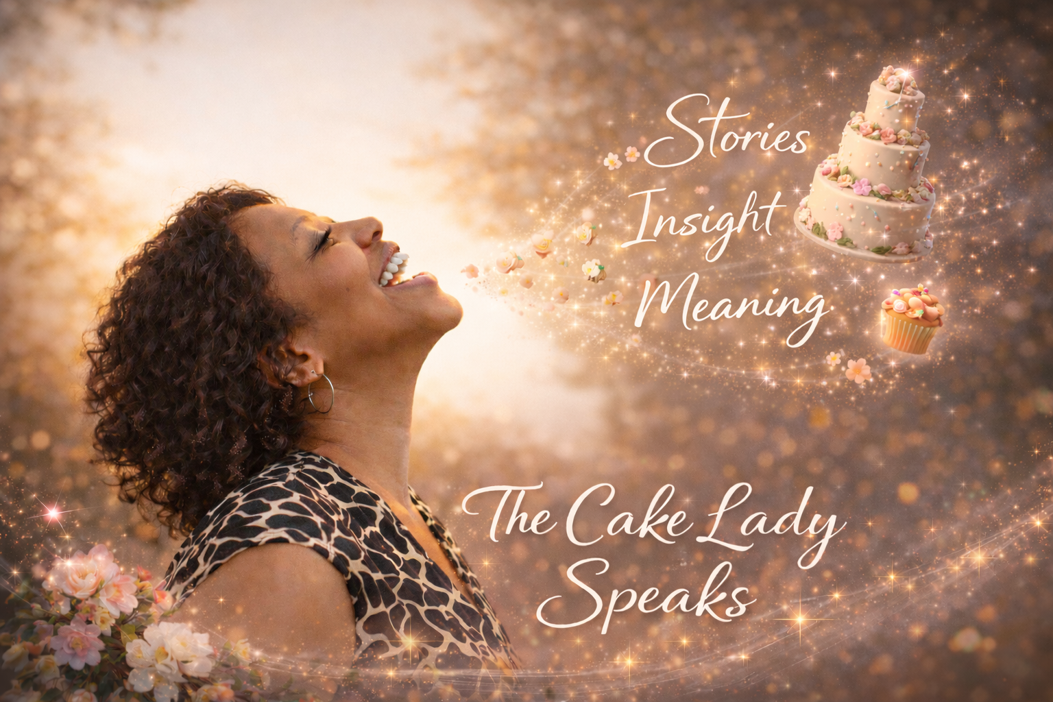 A woman with curly hair smiling and looking upward, with text overlay reading 'Stories, Insight, Meaning, The Cake Lady Speaks,' surrounded by animated sparkles, a tiered cake, and cupcakes.