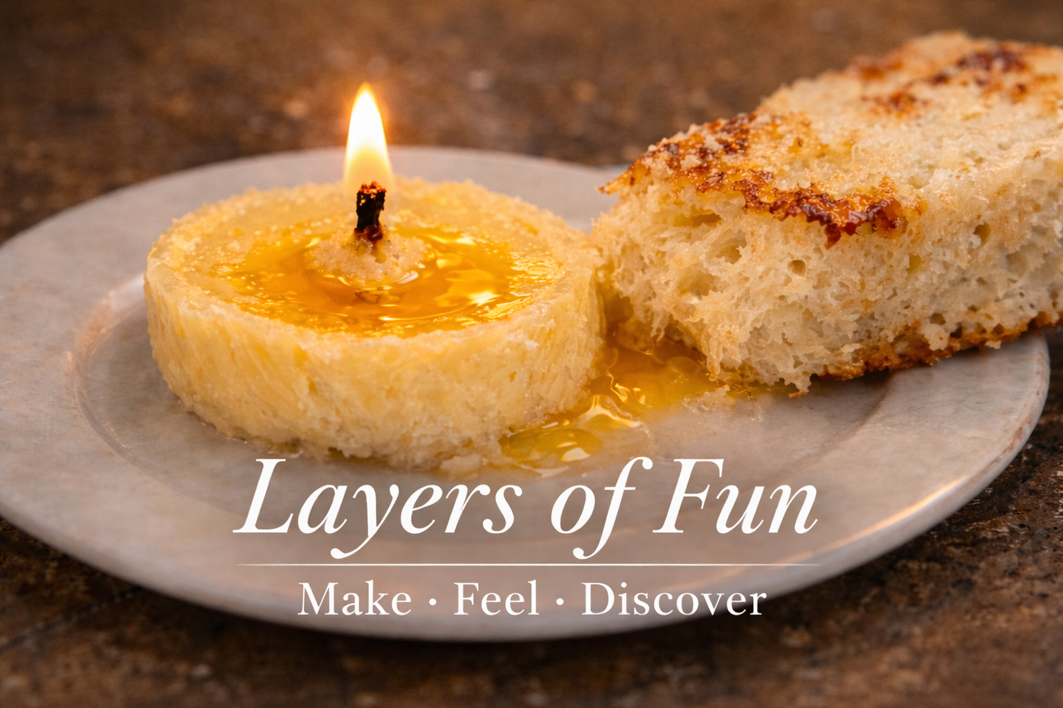 Butter candle melting on a plate with bread during a Layers of Fun virtual cooking experience