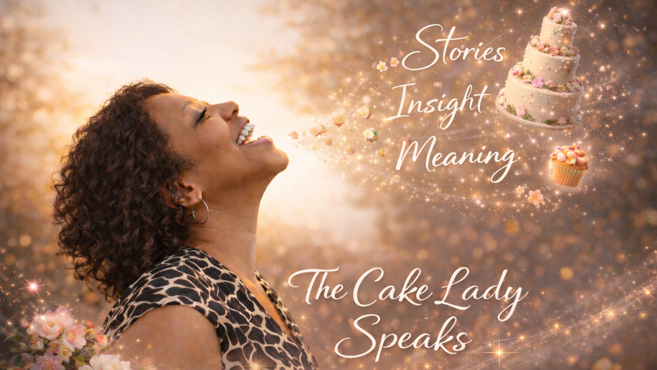 A woman with curly hair and a leopard print top smiling and facing left, with a sparkly, golden background. Text overlay reads 'Stories Insight Meaning The Cake Lady Speaks'. Decorations include a tiered cake, a cupcake, and pink flowers with glitter.