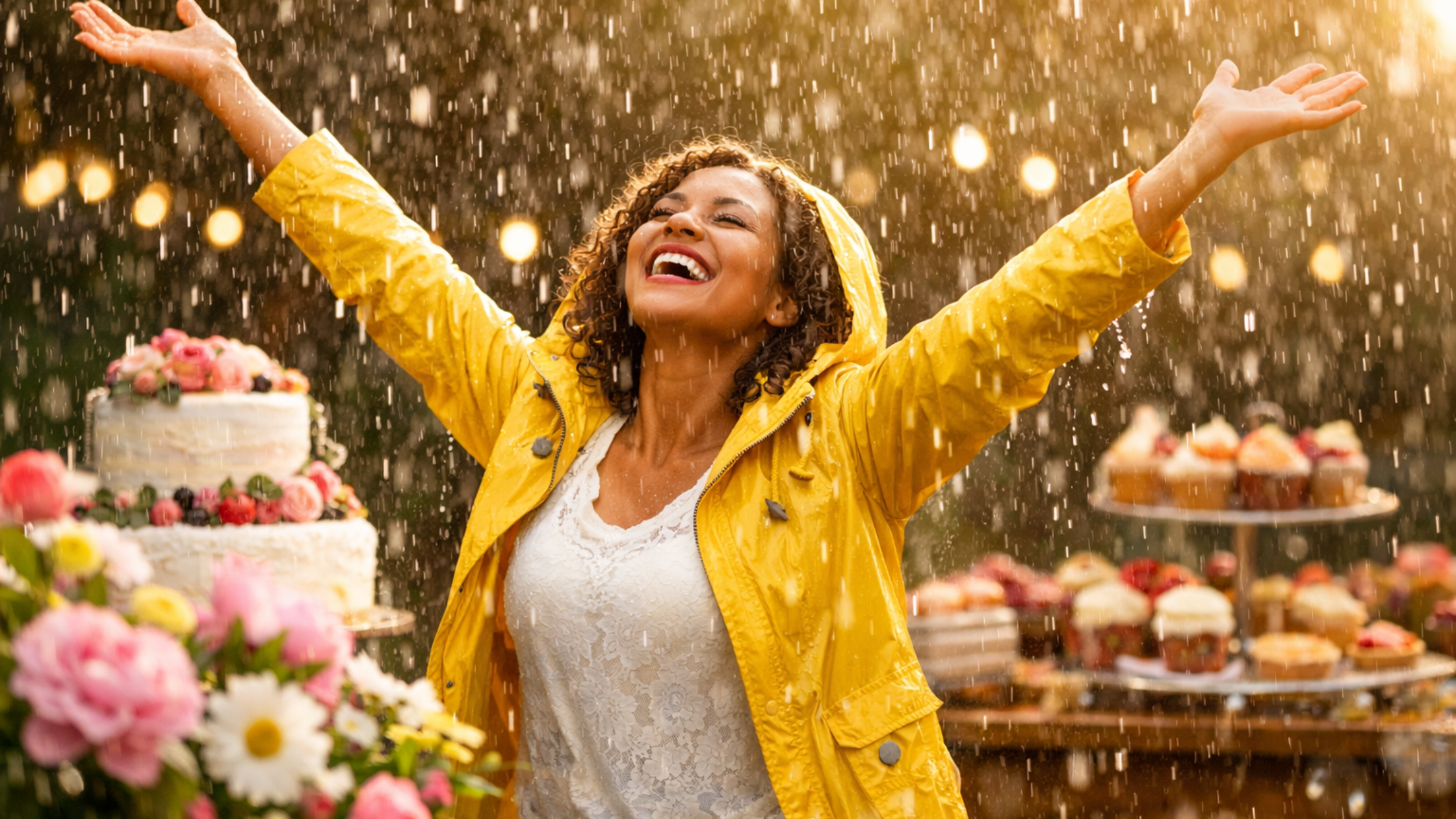 A joyful outdoor dessert table with cakes and cupcakes in the background, symbolizing celebration, connection, and life beyond cake