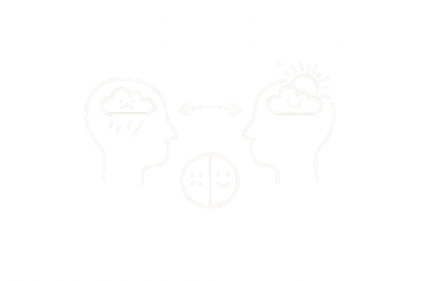 Illustration of two human heads facing each other with weather symbols inside their brains, indicating different weather conditions and a double-headed arrow between them, suggesting communication or understanding.