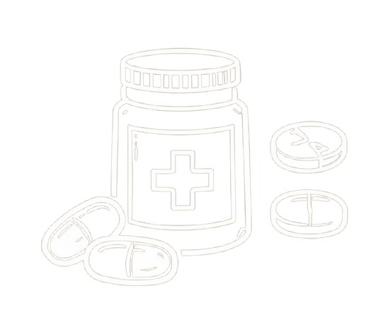 A white illustration of a pill bottle with a medical cross on its label.