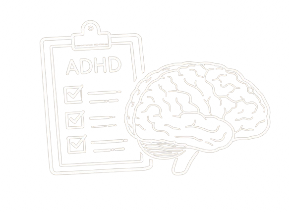 A black background with white line drawings of a clipboard labeled ADHD with checkmarks and a human brain.