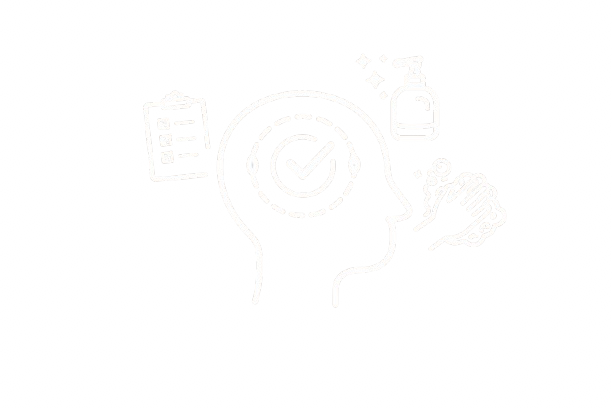 Illustration of a person's head with a checkmark inside the brain area, surrounded by icons of hand sanitizer, cleaning spray, and handwashing.