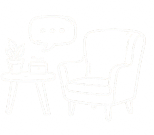 Line drawing of a vintage armchair with curved arms and tapered legs, set against a black background.