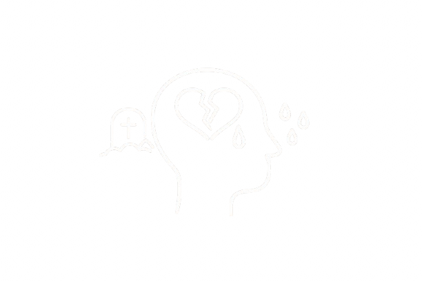 Line drawing of a human head with a broken heart inside it, tears falling from the eye, and a grave with a cross in the background.