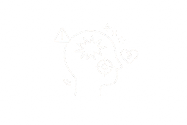 Line drawing of a human head profile with icons representing mental health and emotional states, including a warning triangle, a starburst, a target, and a broken heart, on a black background.
