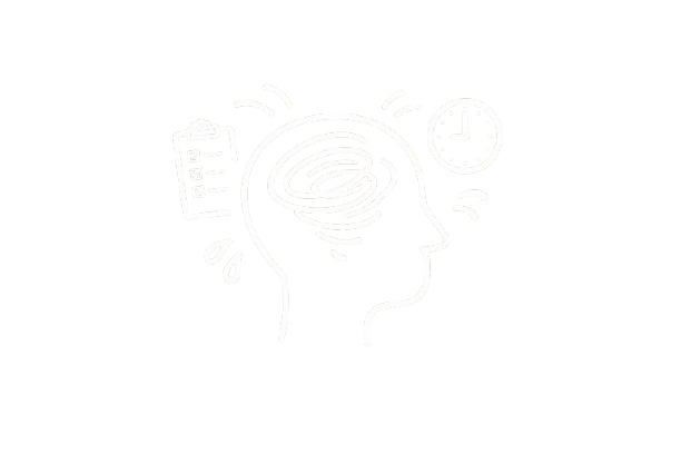 Illustration of a human head with a brain, a clock, and a checklist, representing mental load or stress.