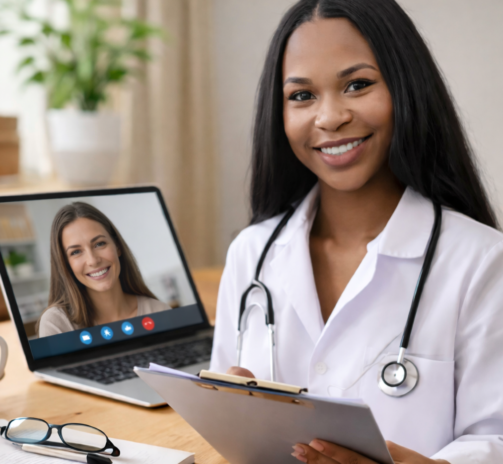 A female doctor in a white coat and stethoscope talking to a patient on a video call, visible on a laptop screen.
