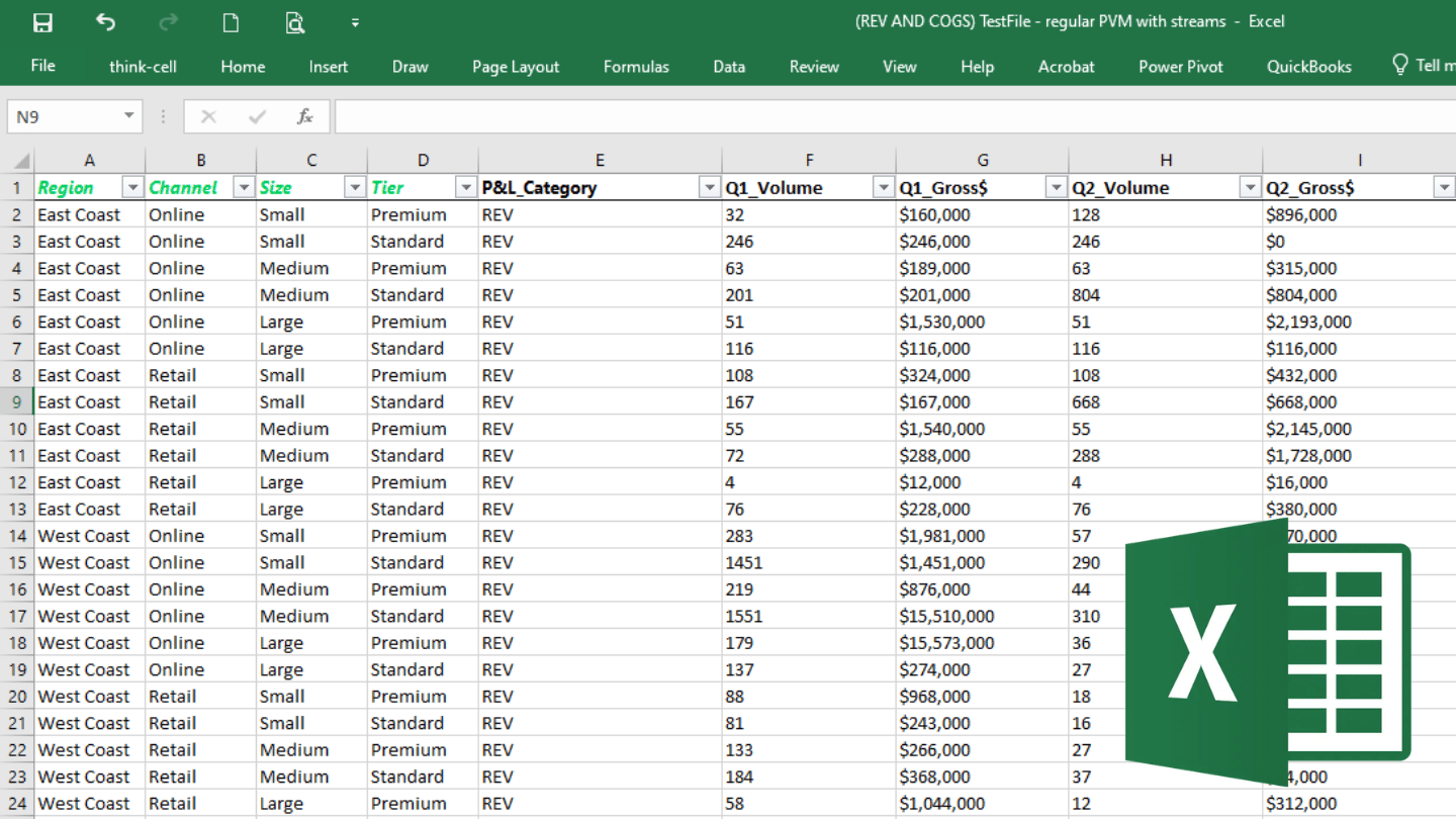 Example Excel data input