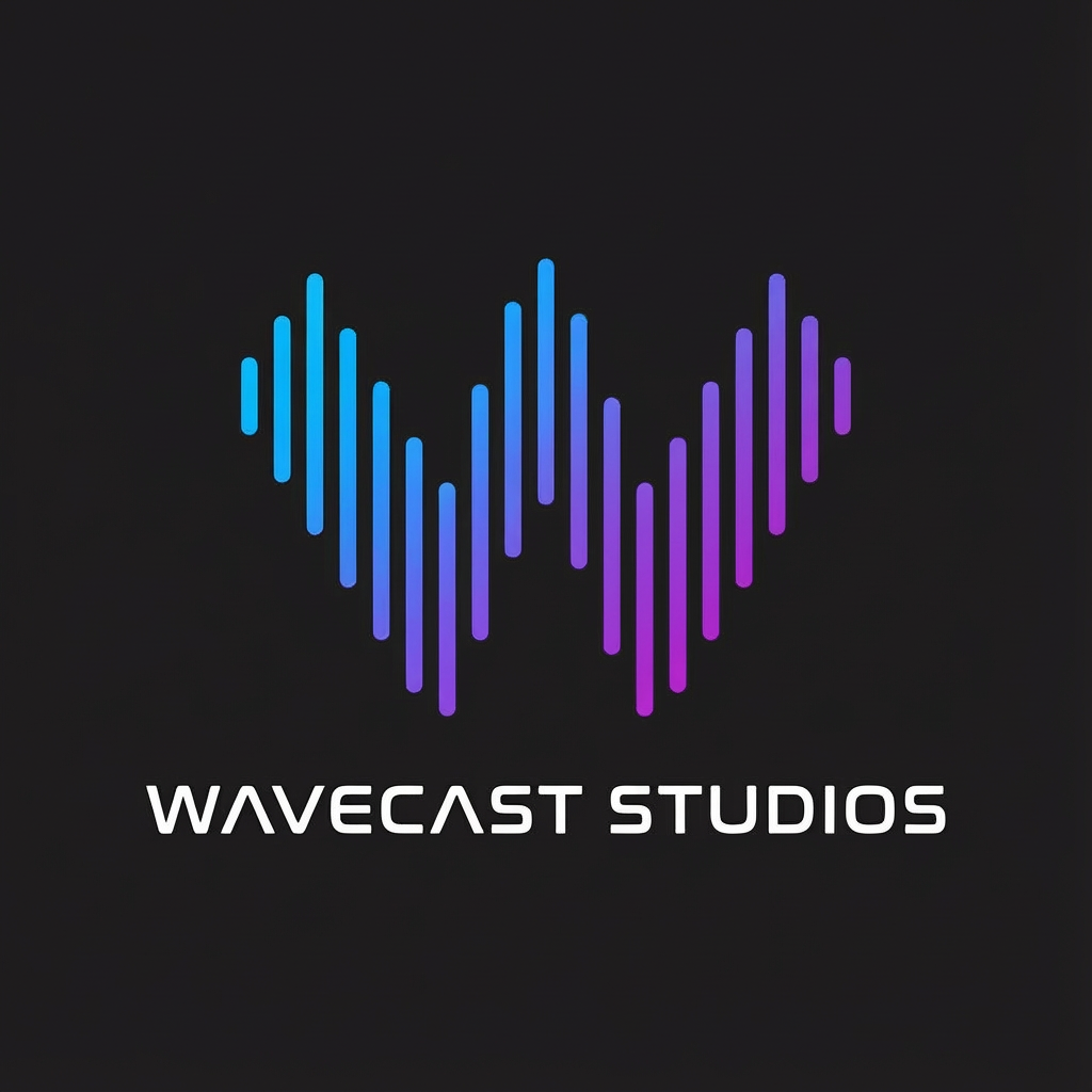 A logo with a stylized sound wave forming a heart shape, in blue and purple colors, with the text 'Wavecast Studios' underneath.