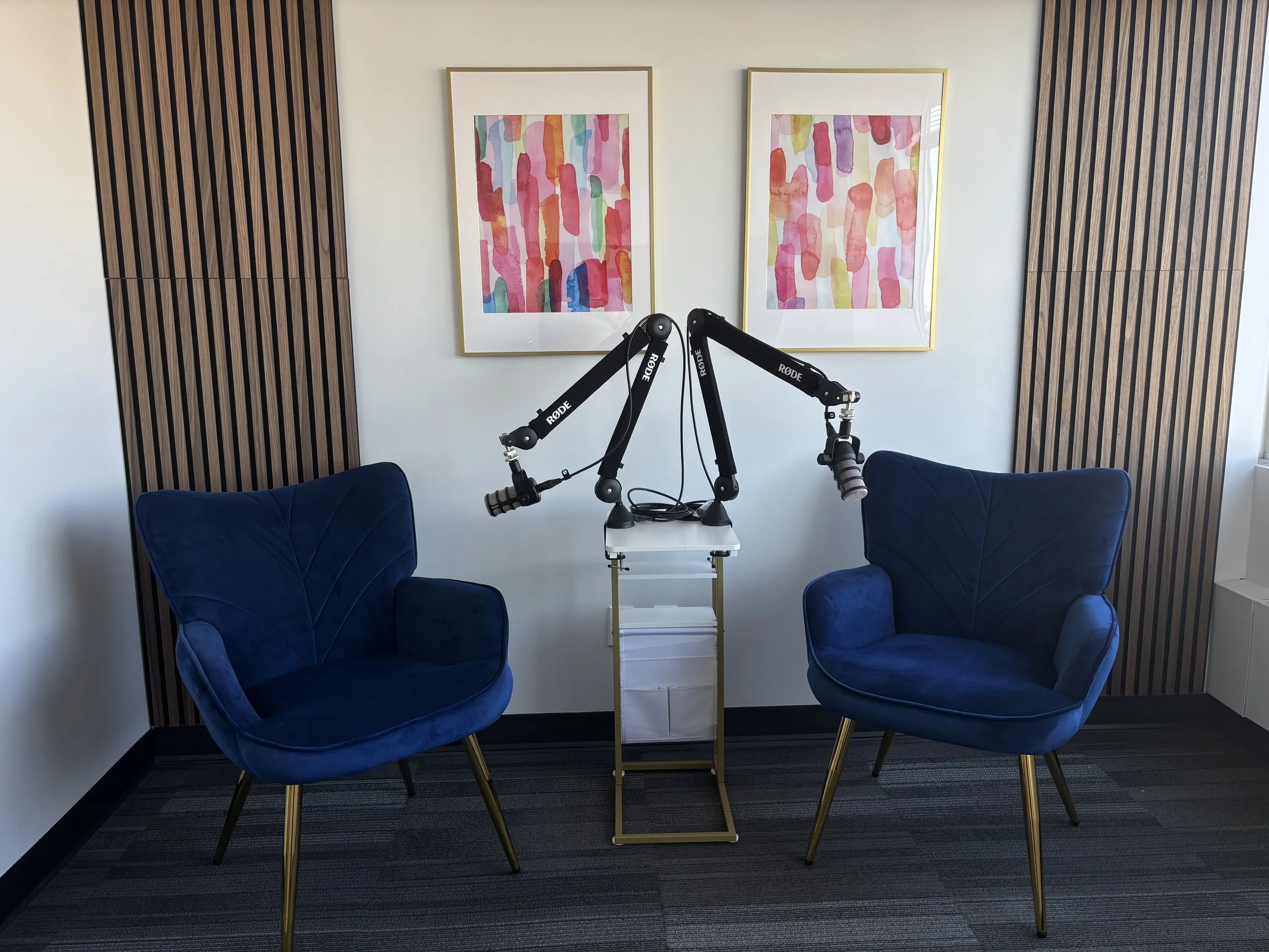 Two-person podcast studio in Calgary with blue velvet chairs, professional microphones on RØDE boom arms, acoustic wood slat panels, and colorful modern artwork.