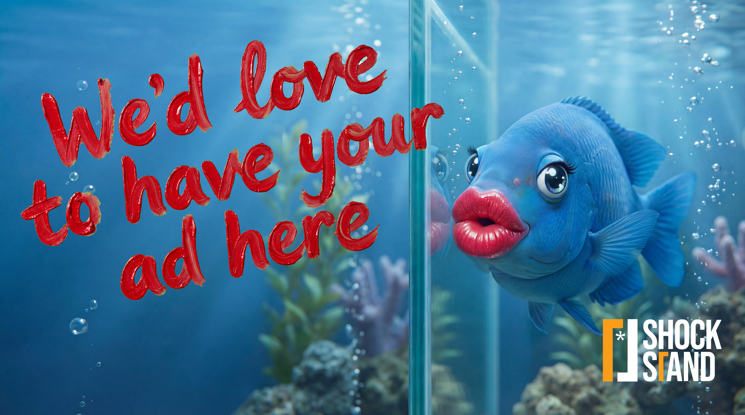A blue fish with big lips positioned near the glass wall of an aquarium, with red text written on the glass that says "We'd love to have you here."