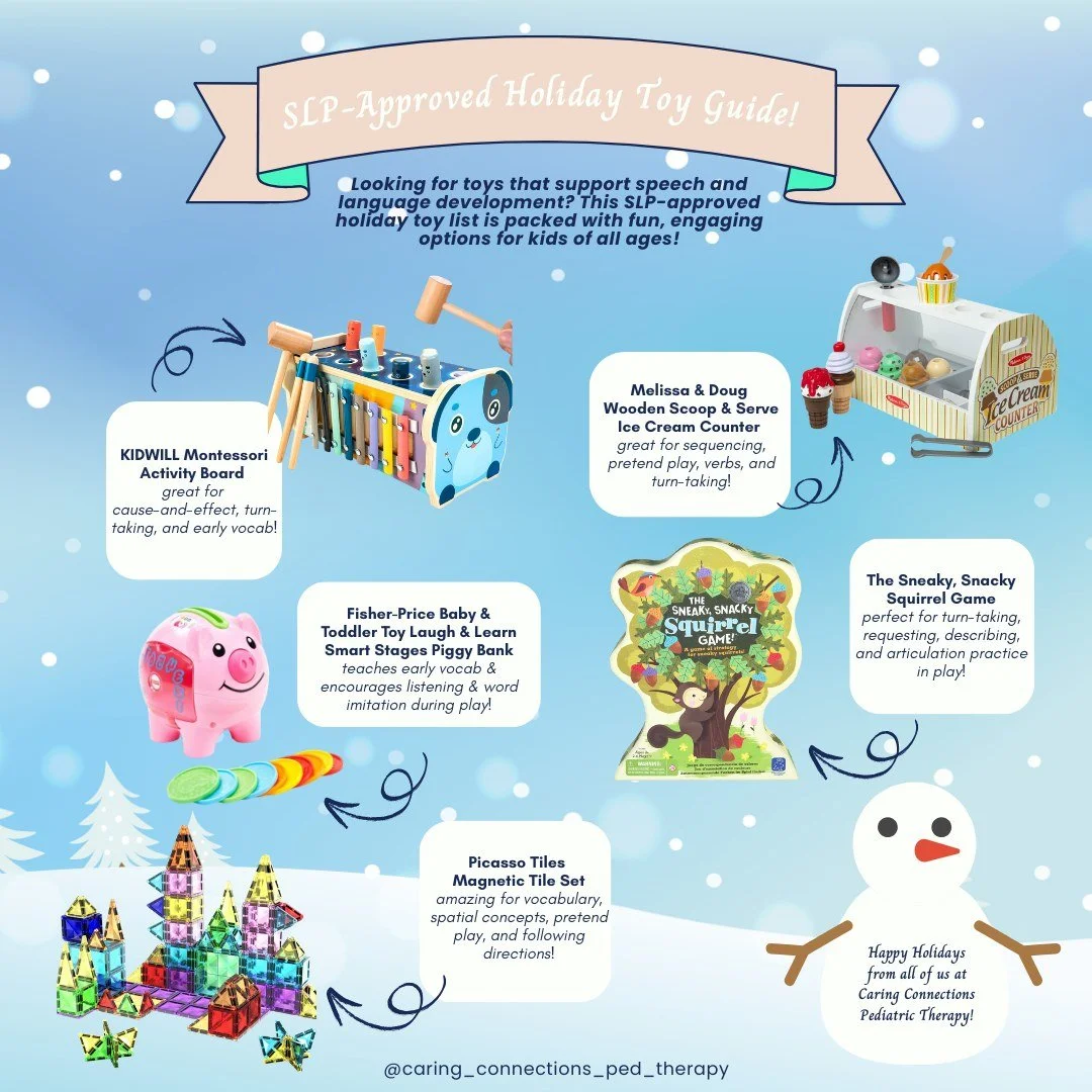Looking for holiday gifts that are fun and help your child grow? 🎄✨
Our SLP-Approved Holiday Toy Guide is here, filled with toys that support speech, language, play skills, fine motor development, and imagination&mdash;all through joyful, child-led 