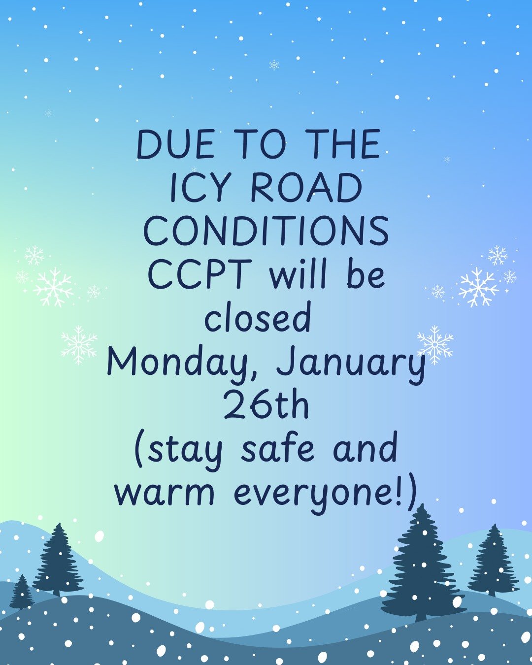 Weather Update ❄️
Due to icy road conditions, CCPT will be closed tomorrow, Monday 1/26, to keep our families and staff safe.

We&rsquo;ll continue to monitor the weather and will share updates if we also need to close on Tuesday 1/27. Thank you so m