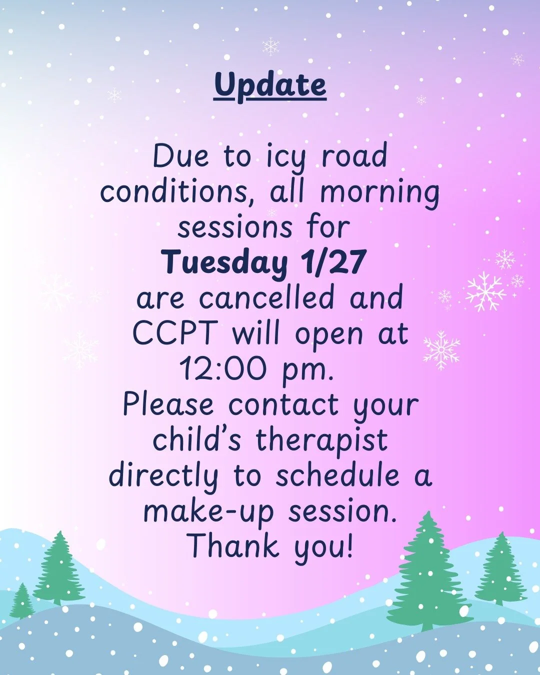 Weather Update ❄️
We hope everyone is staying safe and warm. Due to icy road conditions, all morning sessions for Tuesday 1/27 are cancelled, and CCPT will open at 12:00 PM to allow for safer travel.

If you&rsquo;d like to schedule a make-up session