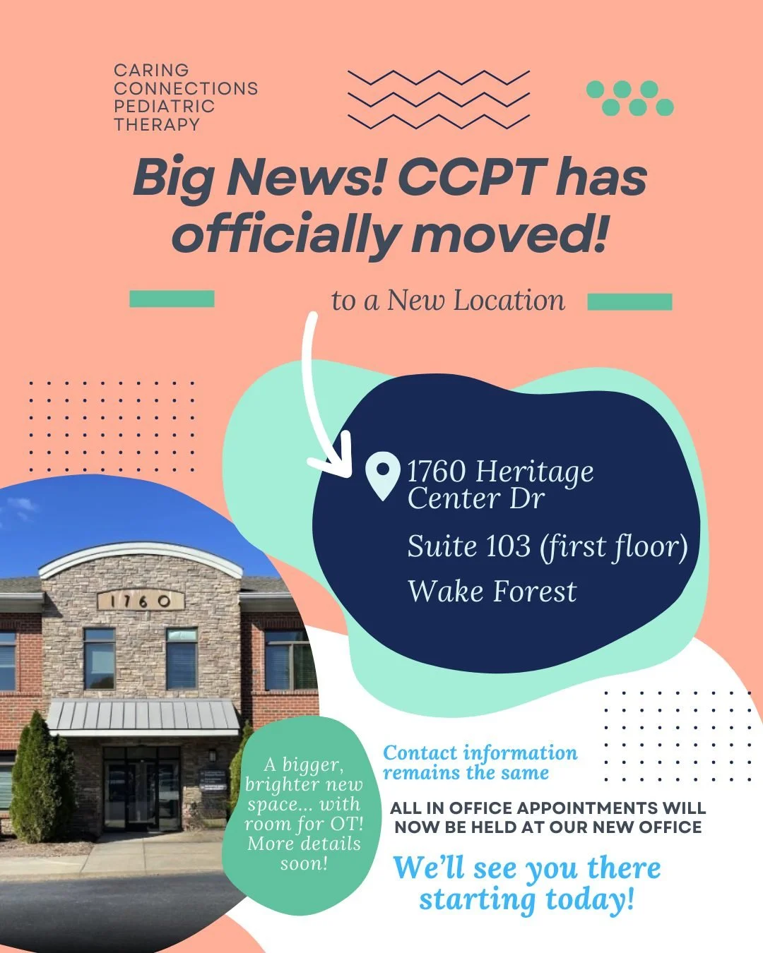 🚨 CCPT HAS OFFICIALLY MOVED! 🚨
New fresh space ✔️
First-floor access ✔️
Room to grow ✔️
Find us at 1760 Heritage Center Dr., Suite 103, Wake Forest &mdash; we can&rsquo;t wait to welcome you! 💙