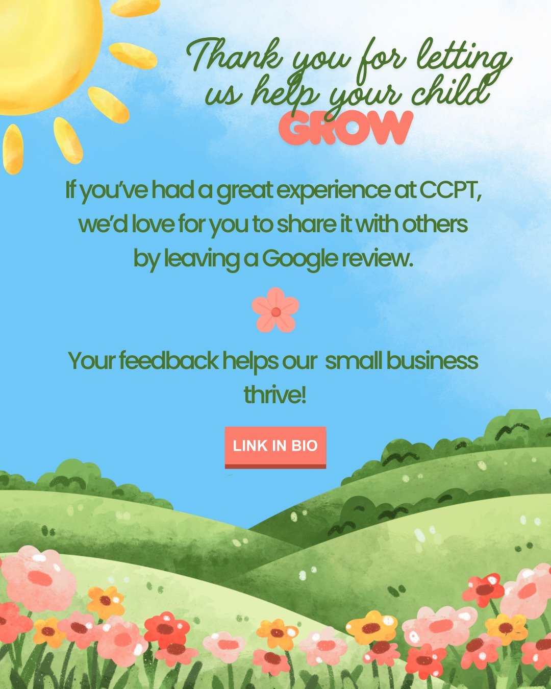 🌸 We&rsquo;re feeling extra grateful this season! 🌞

Thank you for letting us be part of your child&rsquo;s world. It truly means everything to us! 💛

If CCPT has made a difference for your family, we&rsquo;d LOVE if you shared your experience by 