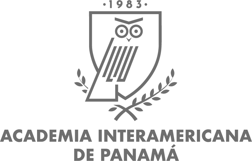 Escudo con búho y ramas de olivo, texto '1983' arriba y 'Academia Interamericana de Panamá' abajo.