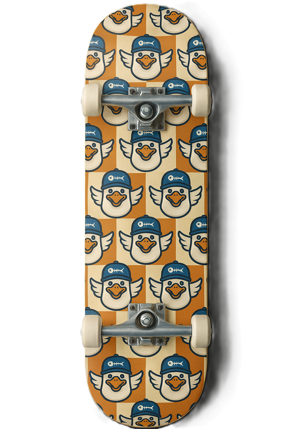 Planche à roulettes avec un motif de canards portant des casquettes bleues, alternant entre fond orange et beige.