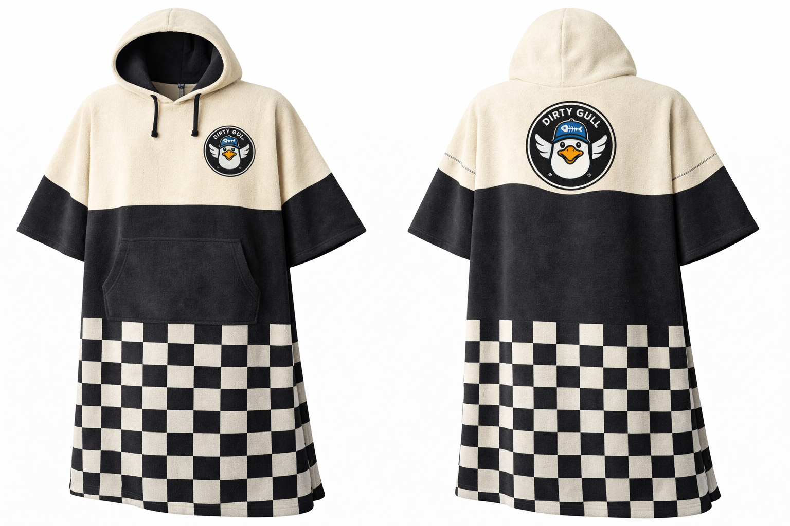 Robe à capuche avec un design en deux tons, noir et beige, avec un logo circulaire de canard portant un casque, marqué 'DIRTY GULL', sur le devant et le dos, et une partie inférieure à motif damier noir et beige.