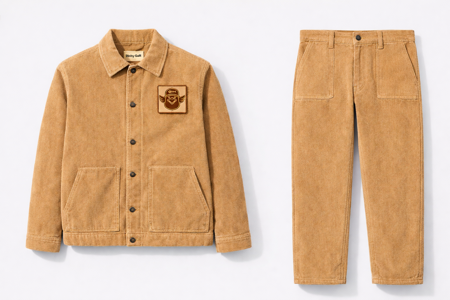 Veste en velours côtelé beige avec patch et pantalon assorti aussi beige.