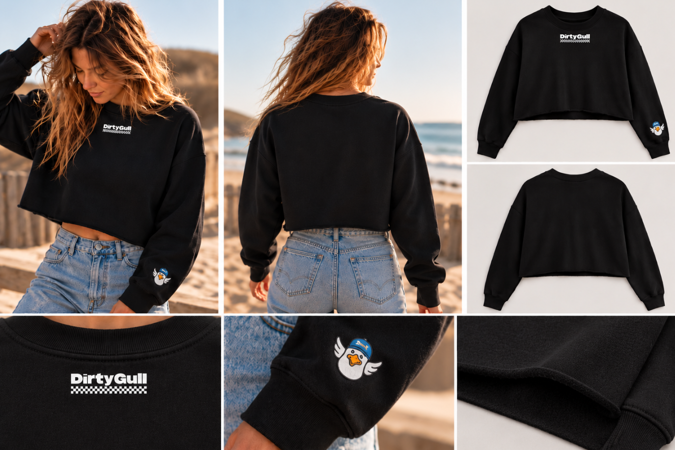 🐦 Sweat Crop Femme Dirty Gull – Black Edition 🖤