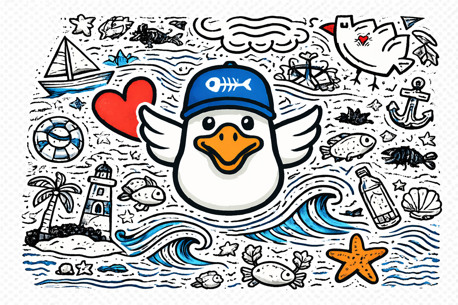 Dessin illustrant un canard en style bande dessinée avec un chapeau de capitaine de bateau, entouré d'éléments liés à la mer comme des poissons, un phare, une ancre, un dauphin, un coquillage, une étoile de mer, un cerf-volant, une bouée de sauvetage, des oiseaux, un cœur rouge et divers autres éléments marins et nautiques.