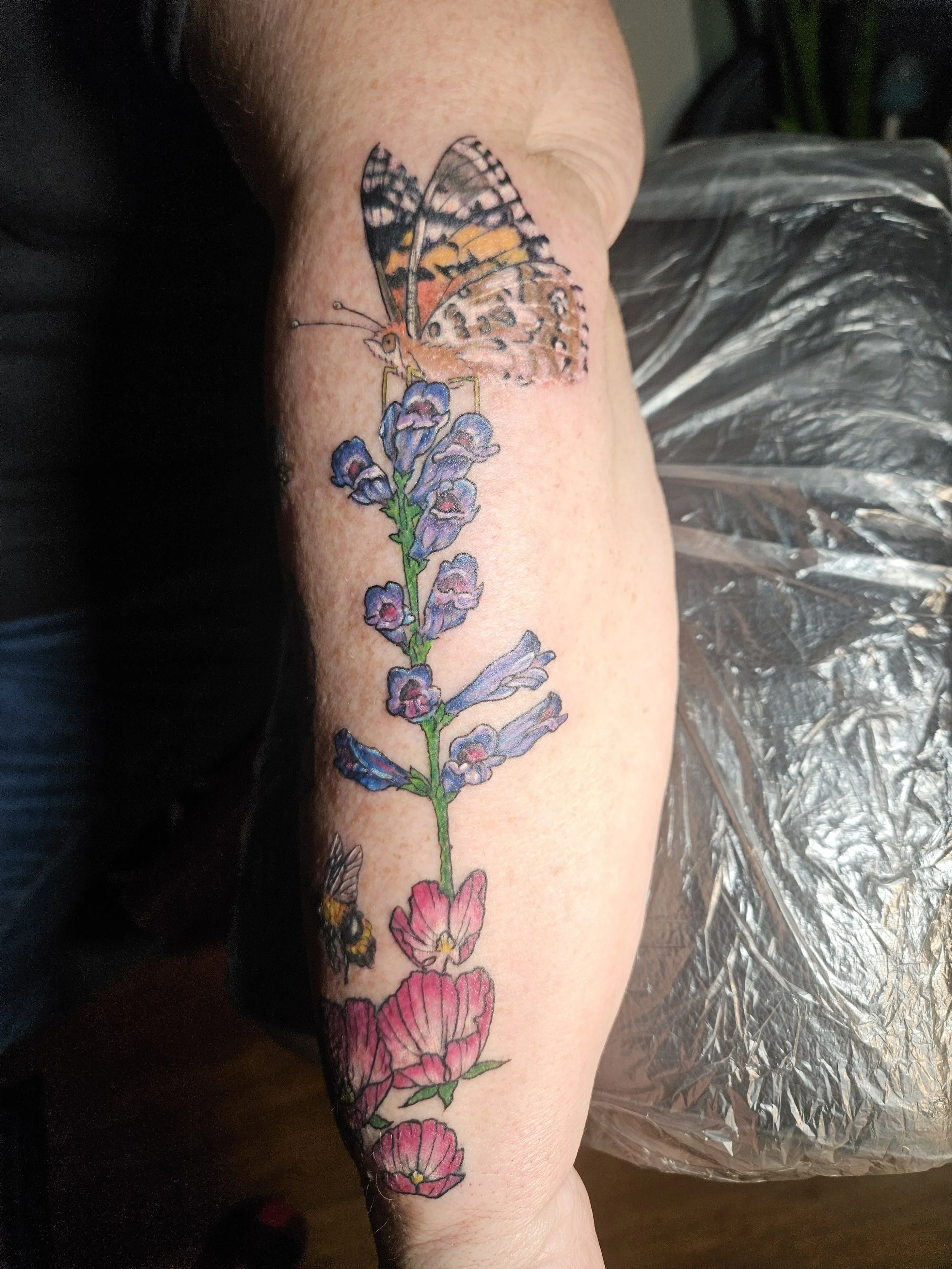 butterfly and bees with flowers