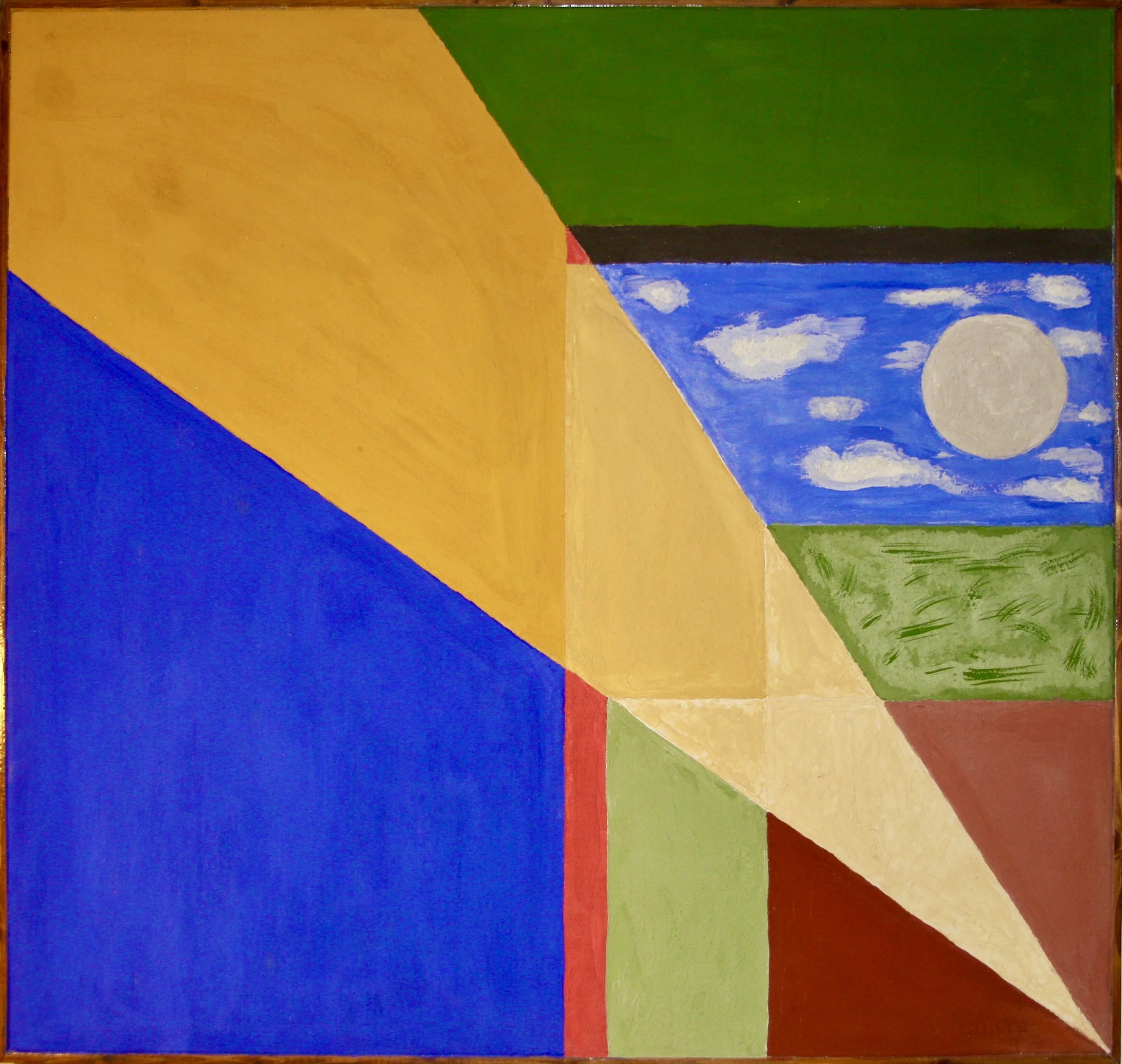 The House: 36" x 35" weight 25 lbs. The entire painting is cement based. Colors are tile grout and cement dies.